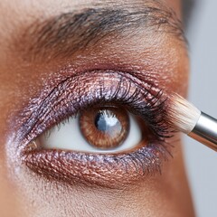 Close-up of a woman's eye with a makeup brush applying copper eyeshadow. Closeup of the face and brown eyes