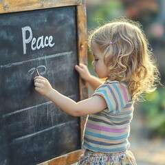 Young Girl Writing Message "Peace" On Outdoor Chalkboard