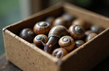 snails in a wooden box, ingredients. French cuisine. seashells