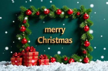 Merry Christmas in a fir tree frame decorated with red Christmas balls