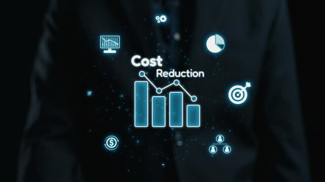 Explore this captivating image depicting a modern approach to cost reduction in business, featuring dynamic data visuals and financial growth icons for effective presentations. Qubit