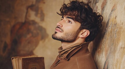 Young Man Contemplating Antique Book Against Vintage Wall
