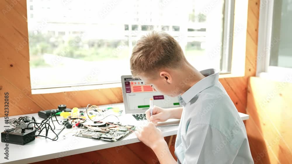 Poster smart adult repair main board while turn around to look at camera with confident on table with lapto