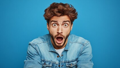 Young Man With Curly Hair In Denim Jacket Against Blue Background