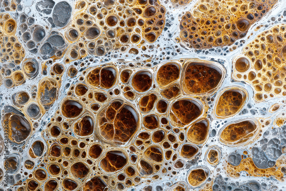 Poster close-up view showcasing the intricate bubbles and textures in a natural fluid, highlighting varying