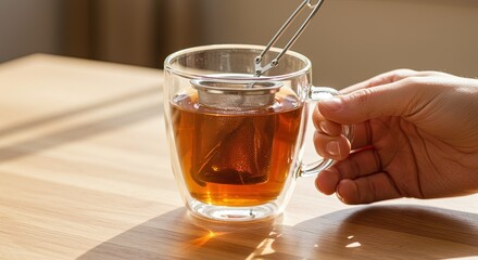 Making herbal tea with tea infuser in clear glass mug for healthy lifestyle and wellness concept