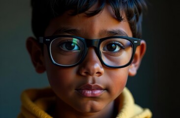 portrait of a dark-skinned boy with glasses, eyesight, optics