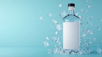 Clear glass bottle with blank label surrounded by scattered ice cubes on a light blue background.