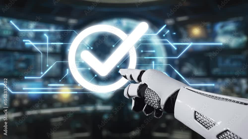 Poster a robotic hand points towards a glowing digital checkmark in a sophisticated control room filled wit