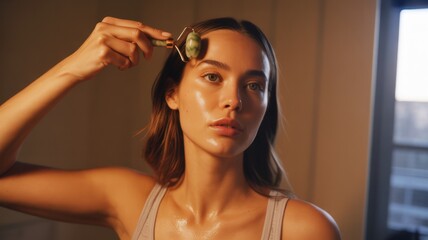 Young caucasian female using jade roller for facial skin care routine