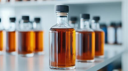 A clear glass bottle filled with amber liquid sits on a reflective surface, with several similar bottles blurred in the background.