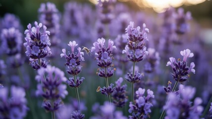 Lavender blossom field at sunset with bees pollinating vibrant flowers