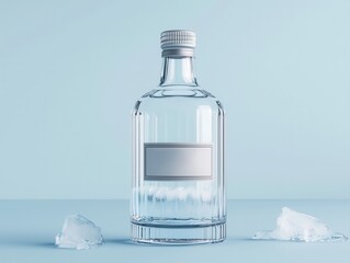 Obraz premium A clear glass bottle with a silver cap and blank label stands between two melting ice cubes on a pale blue surface.