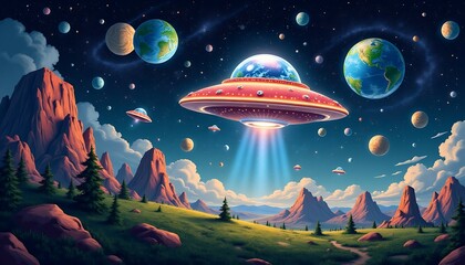 World UFO Day calendar page with illustration of mountain landscape, planets and UFOs