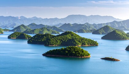 Scenic lake islands with mountain view.
