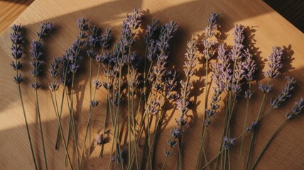 Dried lavender stems arranged on sunlit wooden table