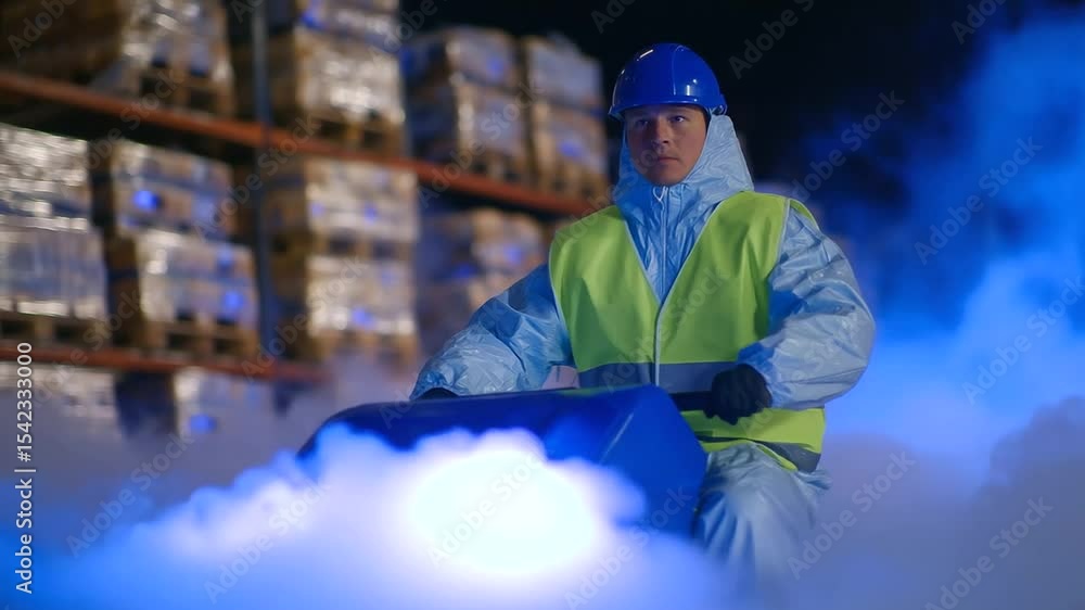 Poster a worker in insulated gear pushes a cart through the chilled fog of a temperature-controlled room, s