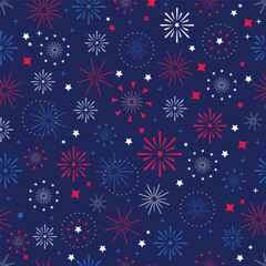 4th of July , USA Independence Day  seamless pattern with red, blue and white fireworks. Festival background. New Year, holidays concept. 