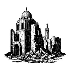 Fototapeta premium Historic Destroyed Arabic City Building Ruins After War Black and White Outline Line Art Drawing