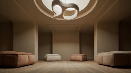 Minimalist lounge with modern lighting and neutral poufs