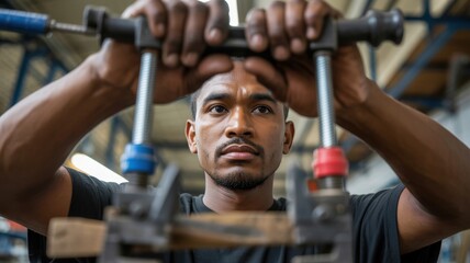 Focused young african male engineer working with industrial clamp in workshop