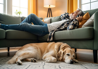 Content older man lounging on couch with headphones in his living room while a senior dog sleeps nearby Wellness leisure relaxation.