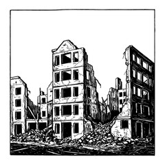 Destroyed Modern City Ruins After War Black and White Outline Line Art Drawing Vector Illustration