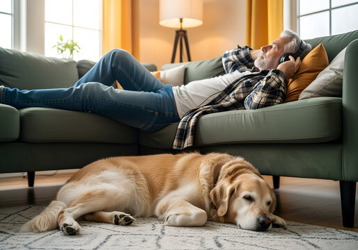 Content older man lounging on couch with headphones in his living room while a senior dog sleeps nearby Wellness leisure relaxation.