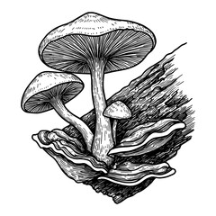 Tree Fungi Mushrooms Growing on Wood Log Black and White Outline Line Art Drawing Engraving Style