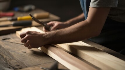 Young male craftsman in workshop engaged in precision woodworking