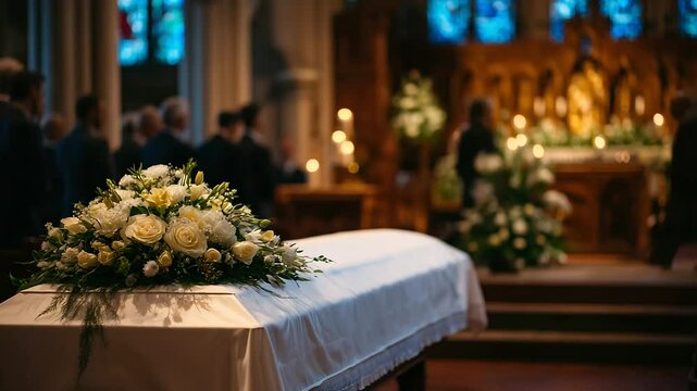 A solemn funeral ceremony takes place in a church, the closed coffin at the altar draped in white linen and flowers, blurred silhouettes of attendees standing respectfully in soft