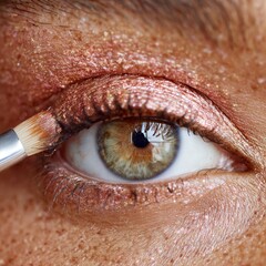 Close-up of a woman's eye with a makeup brush applying copper eyeshadow. Closeup of the face and brown eyes