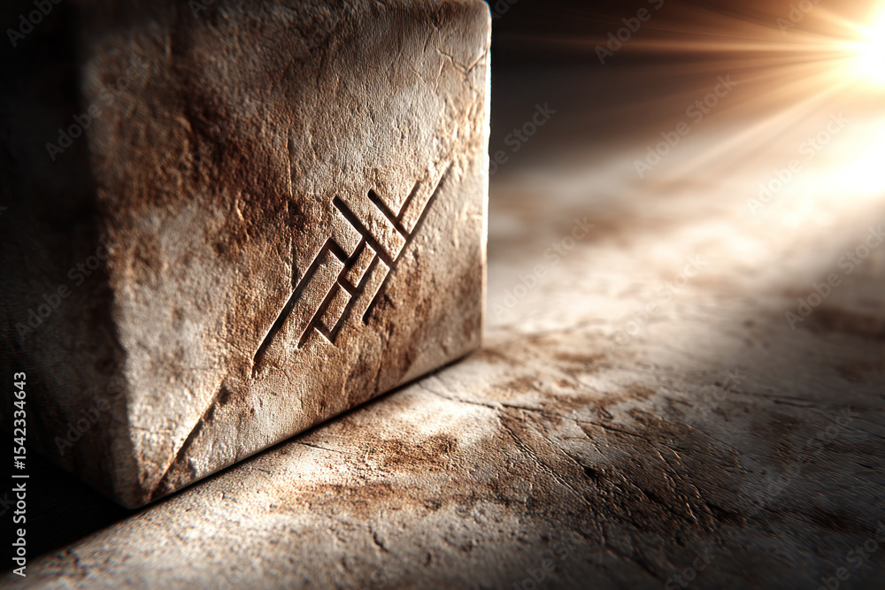 Poster a weathered stone block with intricate carvings rests on a rough surface, illuminated by warm light 