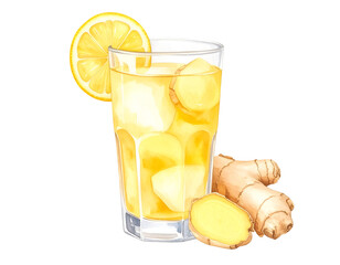 Iced Ginger Lemon Tea in Glass with Transparent Background