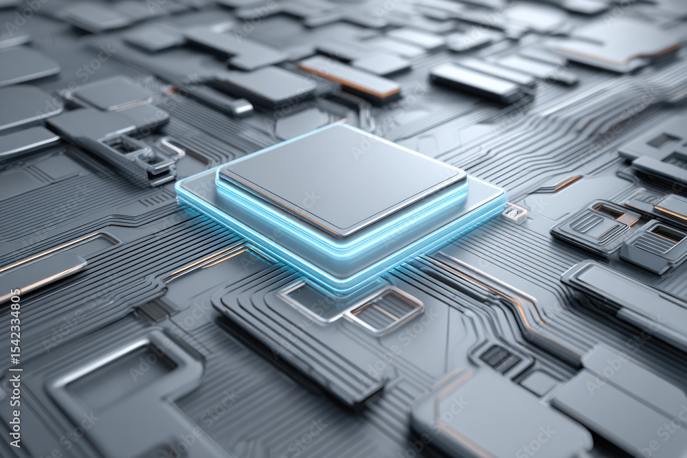 Poster detailed microchip positioned on a complex circuit board illuminated by soft blue light showcasing m