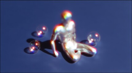 Abstract figure with bubbles reflecting vibrant colors on surface
