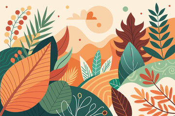 Abstract Nature Background with Organic Shapes and Leaves – Boho Style Vector,