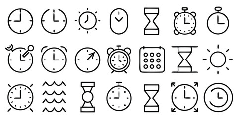 Collection of hand drawn clock and time icons illustrating punctuality deadline and schedule