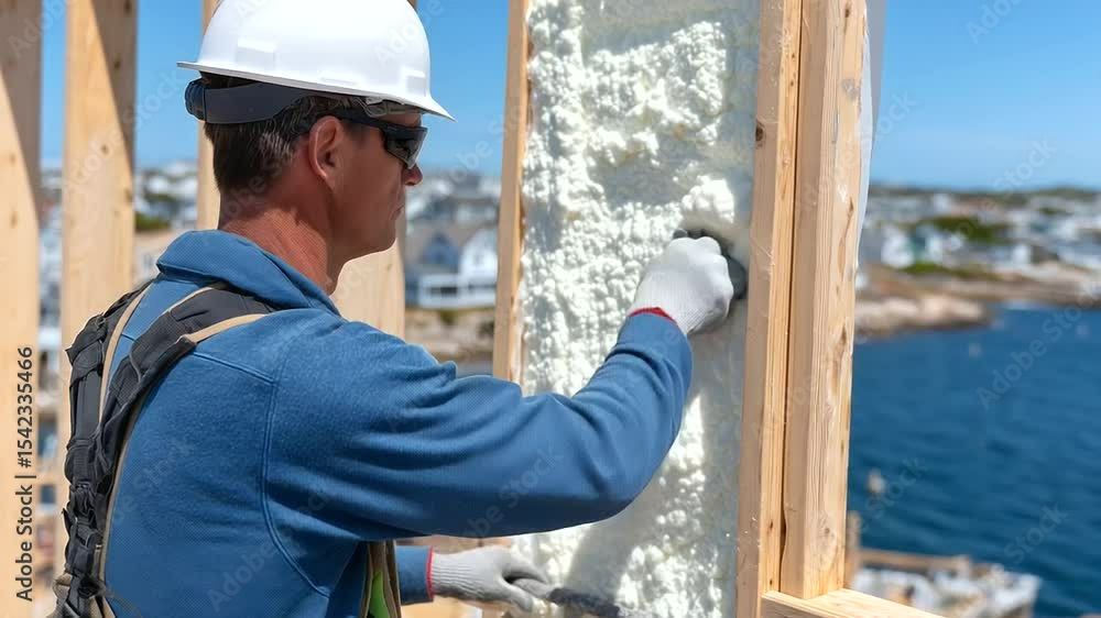 Poster daylight floods the skeletal frame of a new home as a construction worker seals gaps around window f