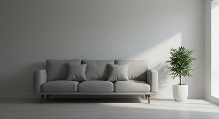 Minimalist Comfort: A modern living space featuring a stylish grey sofa and a potted plant. Bathed in natural light. Inviting a sense of tranquility and serenity. 