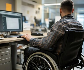 Fototapeta premium Programmer with disability working on computer in office, wheelchair user at desk
