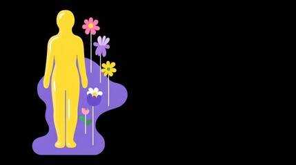 Abstract figure surrounded by colorful flowers on a purple background