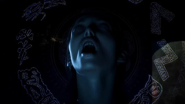 A human face in deep darkness begins to tremble &mdash; eyes roll back, mouth opens, and unknown language flows out like a trance. The phenomenon of xenoglossy