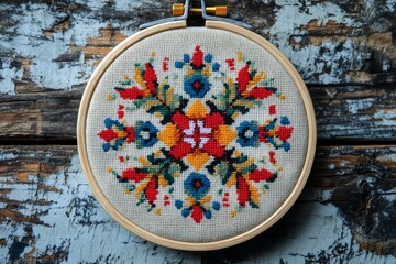 Colorful cross-stitch embroidery in a wooden hoop, placed on a rustic surface, showcases traditional needlework