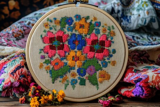 Embroidery hoop displays a vibrant cross-stitch floral design, highlighting traditional needlework craftsmanship