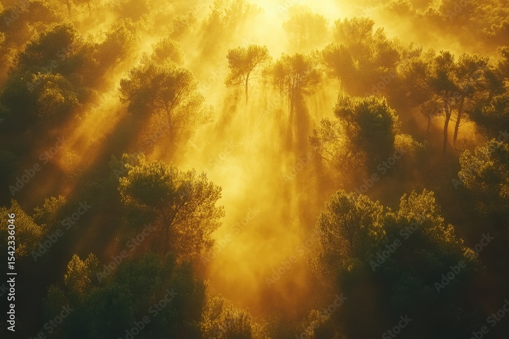 Poster Sunlight streams through dense trees in a forest, creating a bright, golden glow illuminating the woodland during the late afternoon