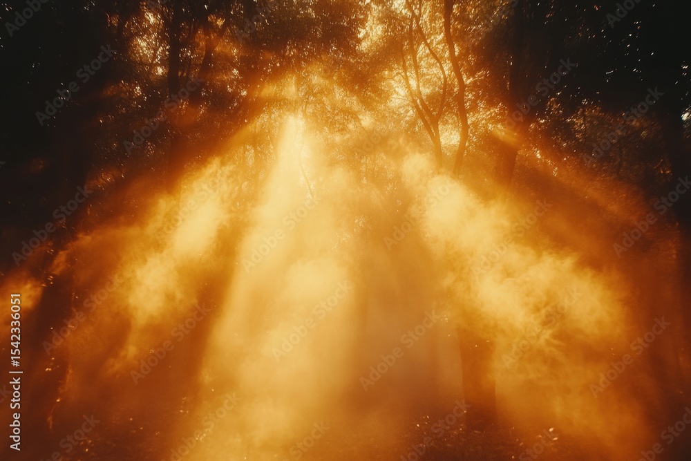 Poster sunlight streams through dense trees in a forest, creating a bright, golden glow illuminating the wo