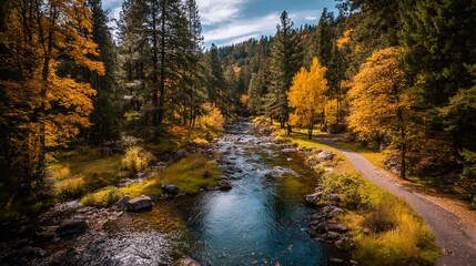 Autumn forest stream flowing through golden trees