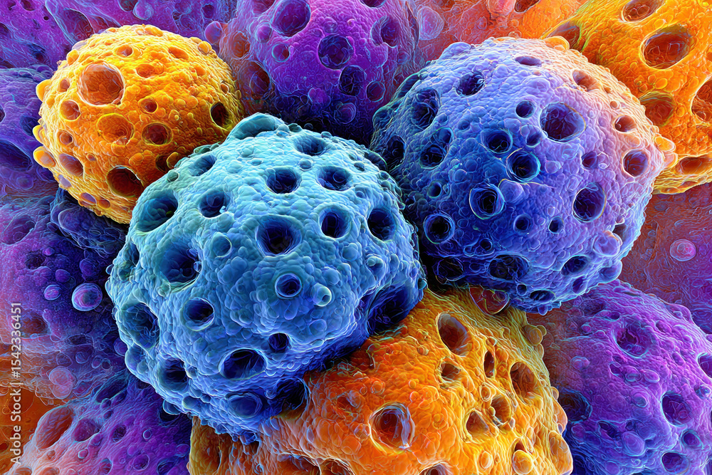 Poster colorful microbes reveal unique textures and patterns under a microscope in the lab