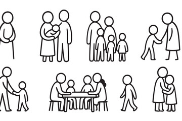 stick figure family illustrations depicting family members, holding hands, hugging, and sharing moments together, family life symbols